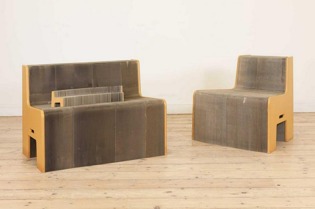 Two 'Flexible Love' expandable chair/settees,: Two 'Flexible Love' expandable chair/settees, Two 'Flexible Love' expandable chair/settees, designed by Chishen Chiu, made from recycled paper and wood, 55.5cm deep 64.5cm high, seat 39.5cm high, and