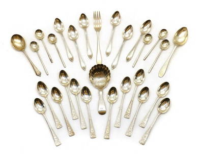 A collection of silver flatware,: A collection of silver flatware, A collection of silver flatware, to include a caddy spoon, by William Clarke Shaw, Glasgow 1842, a set of ten teaspoons, Joseph Rodgers & Sons, Sheffield 1910, a set o