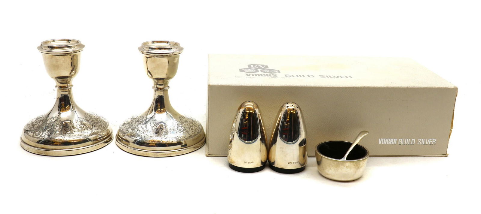 A collection of silver items,: A collection of silver items, A collection of silver items, comprising a cruet set, Gerald Benney for Viner's Ltd, Sheffield 1968, pepperette 6.5cm high together with a pair of silver candlesticks, ma