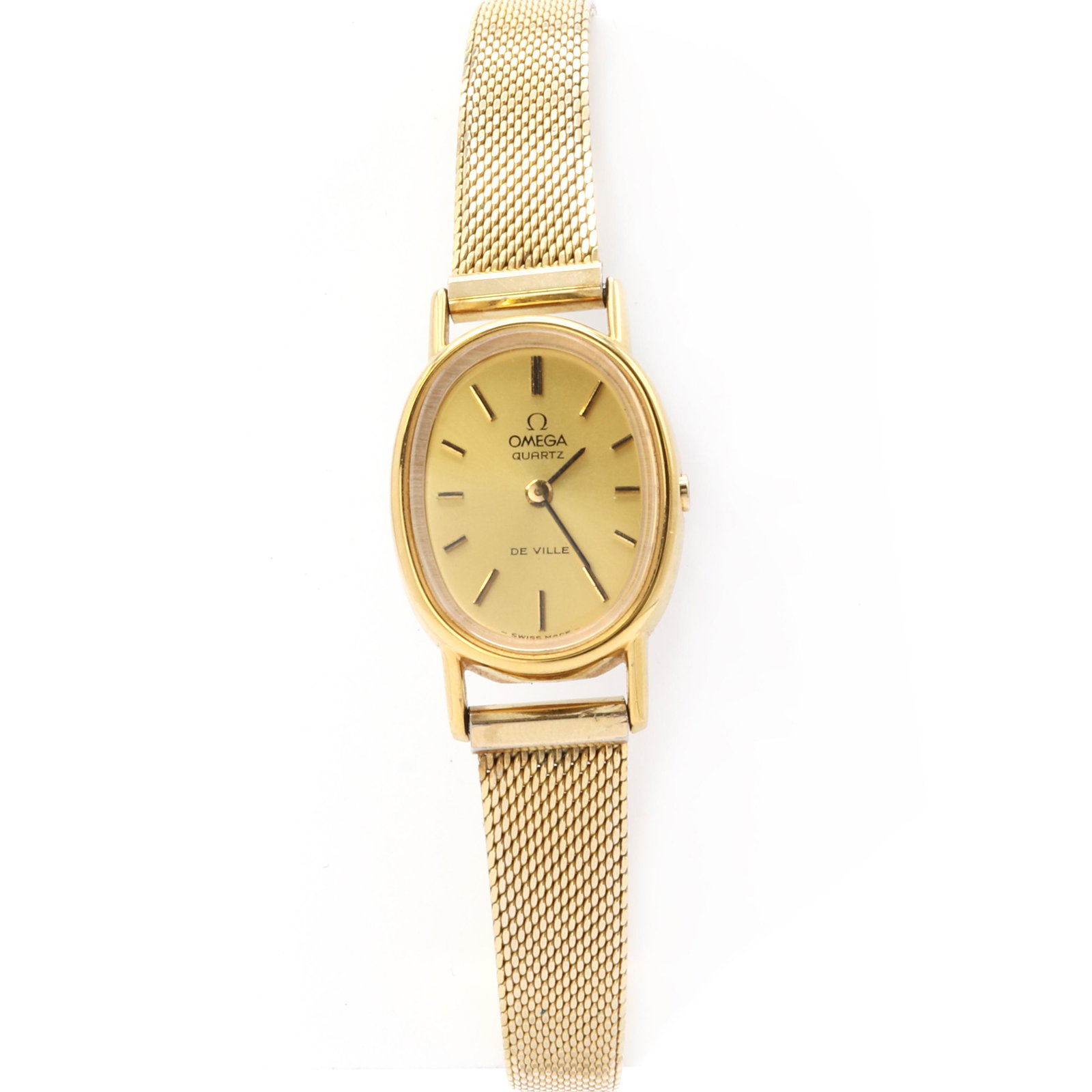 A ladies' gold plated Omega 'De Ville' quartz bracelet watch,: A ladies' gold plated Omega 'De Ville' quartz bracelet watch, A ladies' gold plated Omega 'De Ville' quartz bracelet watch, an oval case, 18 x 23mm, with a gilt dial and baton hour markers, to later r