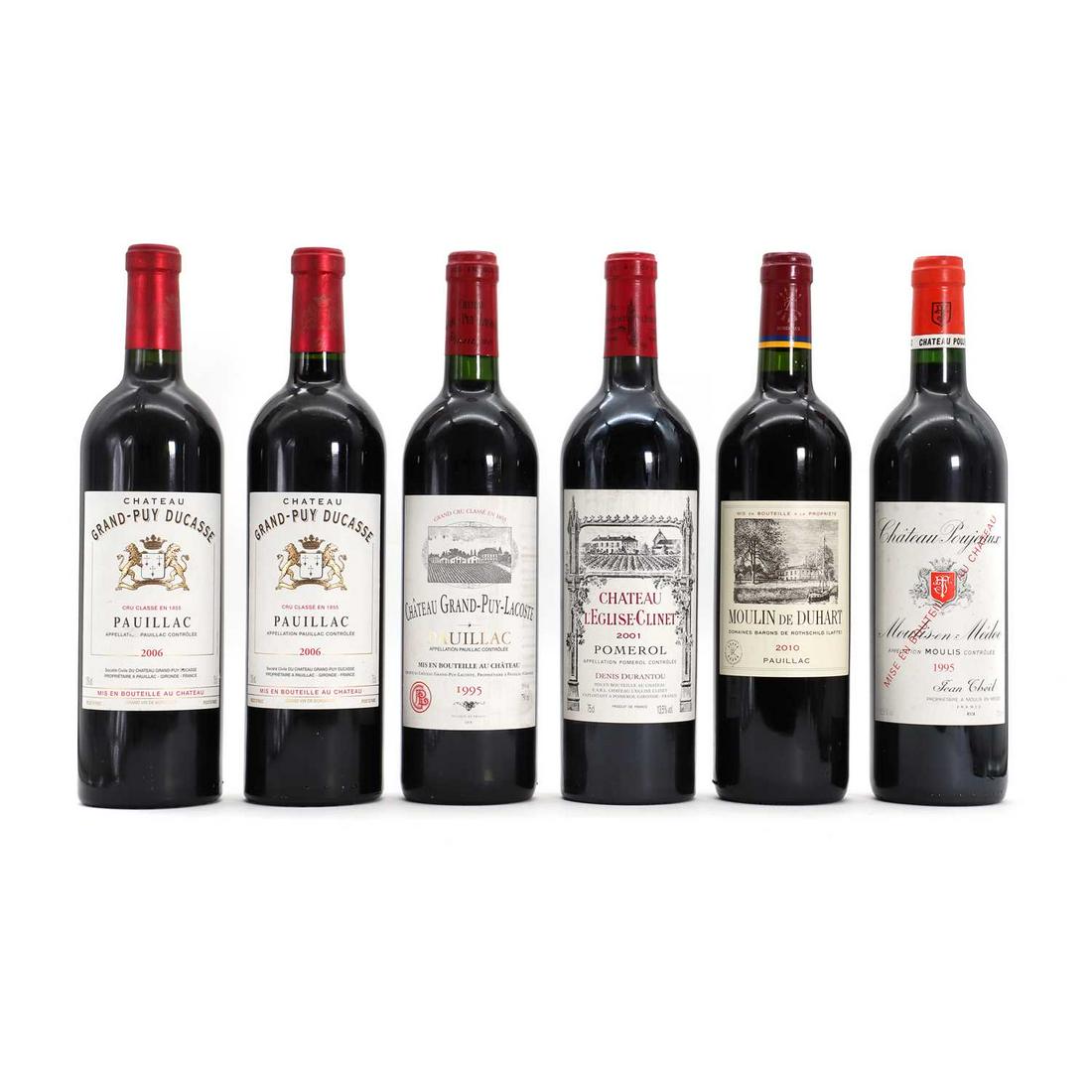 A selection of Bordeaux Reds: A selection of Bordeaux Reds A selection of Bordeaux Reds comprising Chateau Grand-Puy-Lacoste, Pauillac, 1995 (1), Chateau Poujeaux, Moulis en Medoc, 1995 (1), Chateau l'Eglise-Clinet, Pomerol, 2001