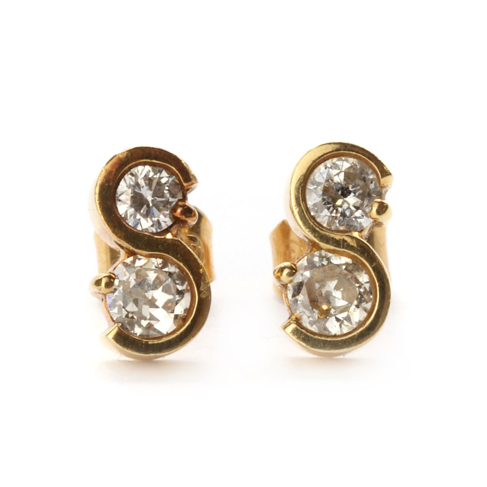 A pair of 18ct gold two stone diamond earrings, (1 of 2)