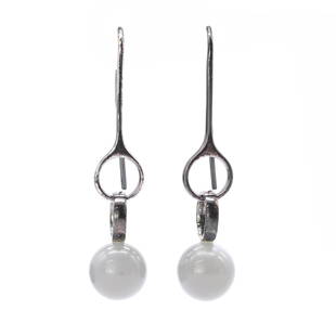 A pair of sterling silver grey moonstone drop earrings, by Georg Jensen,: A pair of sterling silver grey moonstone drop earrings, by Georg Jensen, A pair of sterling silver grey moonstone drop earrings, by Georg Jensen, designed by Regitze Overgaard, no. 473A, with a grey m