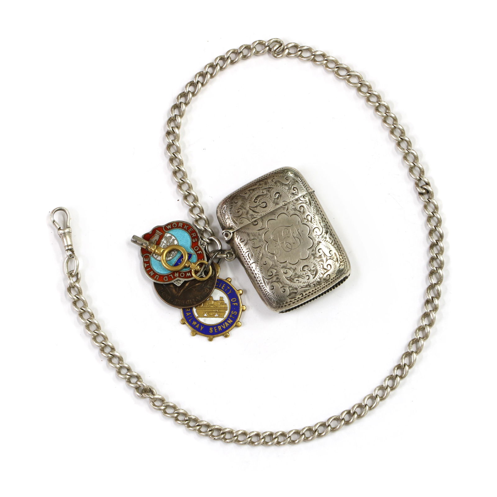 A silver curb link Albert chain, (1 of 6)