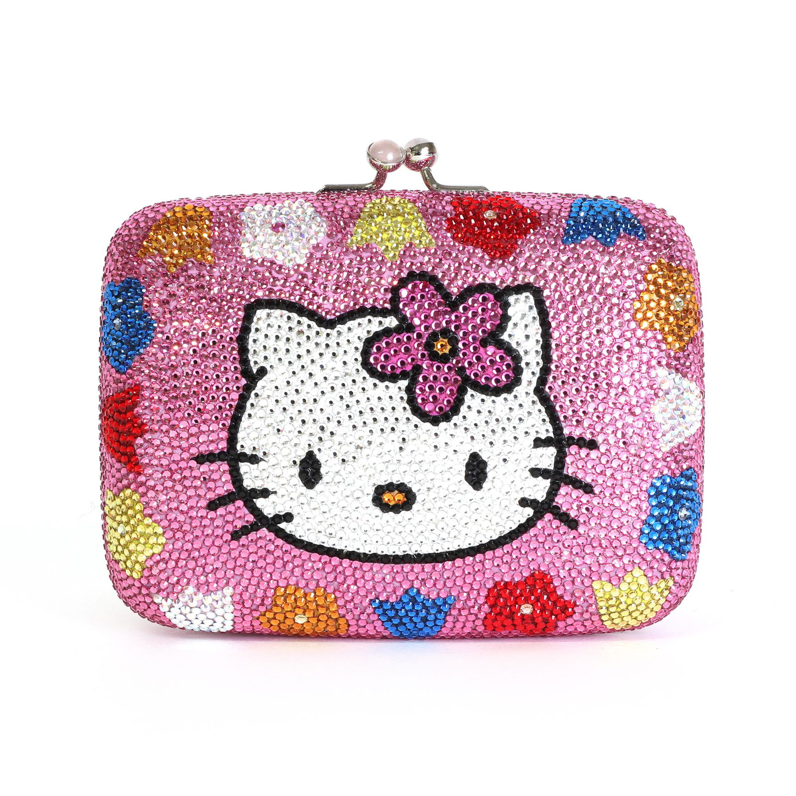 A Judith Leiber 'Hello Kitty' crystal purse,: A Judith Leiber 'Hello Kitty' crystal purse, A Judith Leiber 'Hello Kitty' crystal purse, with cabochon rose quartz stones to top closure, silver tone hardware and detachable chain, with authenticity