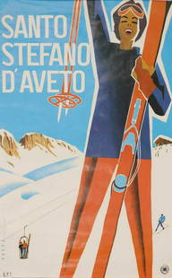 An Italian travel poster,: An Italian travel poster, An Italian travel poster, c.1955, 'Santo Stefano d'Aveto', designed by Mario Puppo (Italian, 1905-1977), lithograph in colours, printed by Sigla Effe, Genova, backed on linen