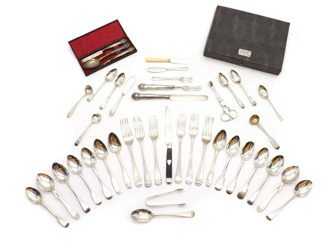 A collection of silver flatware: A collection of silver flatware A collection of silver flatware, to include a set of five Fiddle pattern teaspoons with engraved initials, by Sarah & John William Blake, London 1819, a set of four for