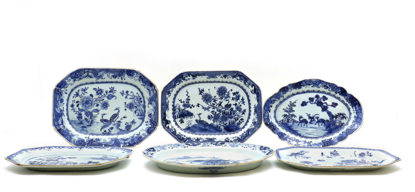 A collection of Chinese export blue and white porcelain meat plates, (1 of 3)