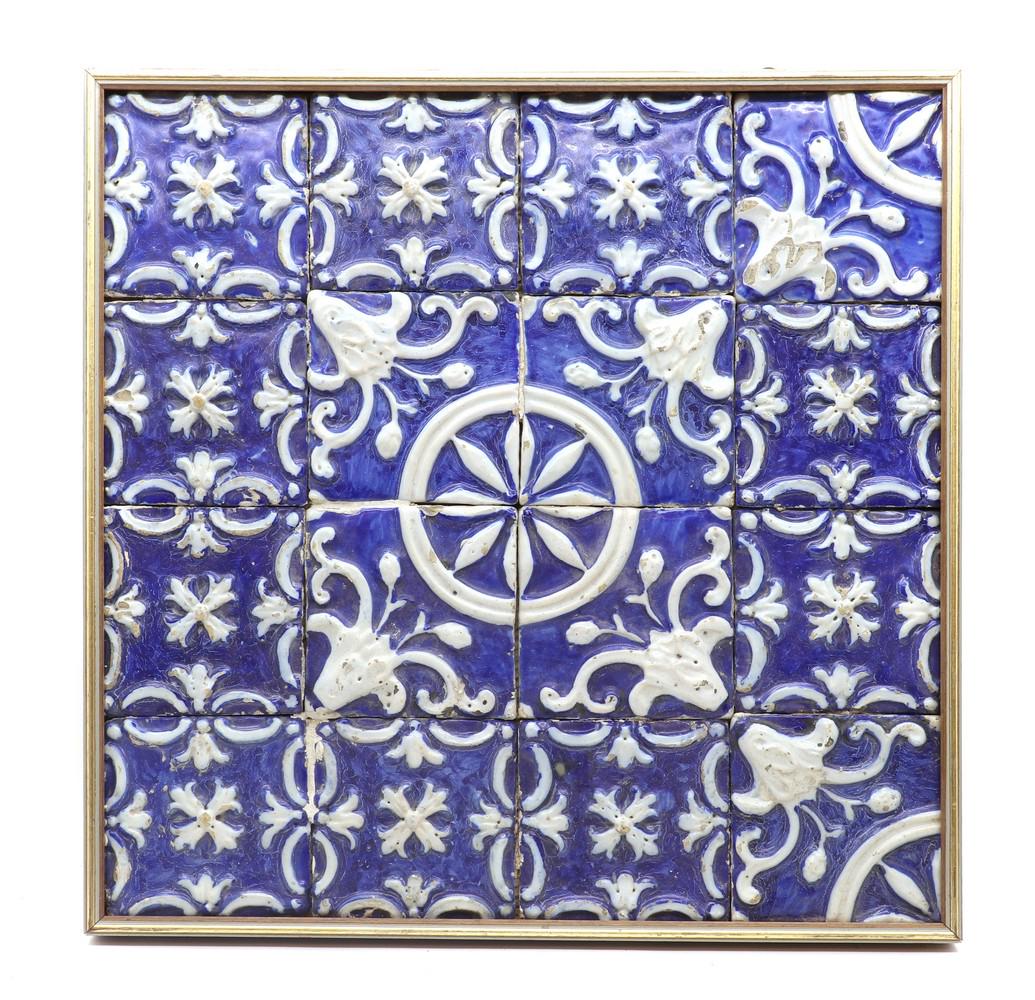 A framed set of sixteen French maiolica tiles (1 of 3)