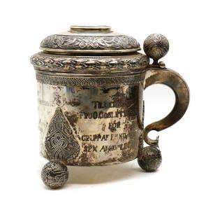 A large 18th century style Swedish silver tankard,: A large 18th century style Swedish silver tankard, A large 18th century style Swedish silver tankard, early 20th century, by Karl Anderson, with an engraved inscription and chased decoration, internal