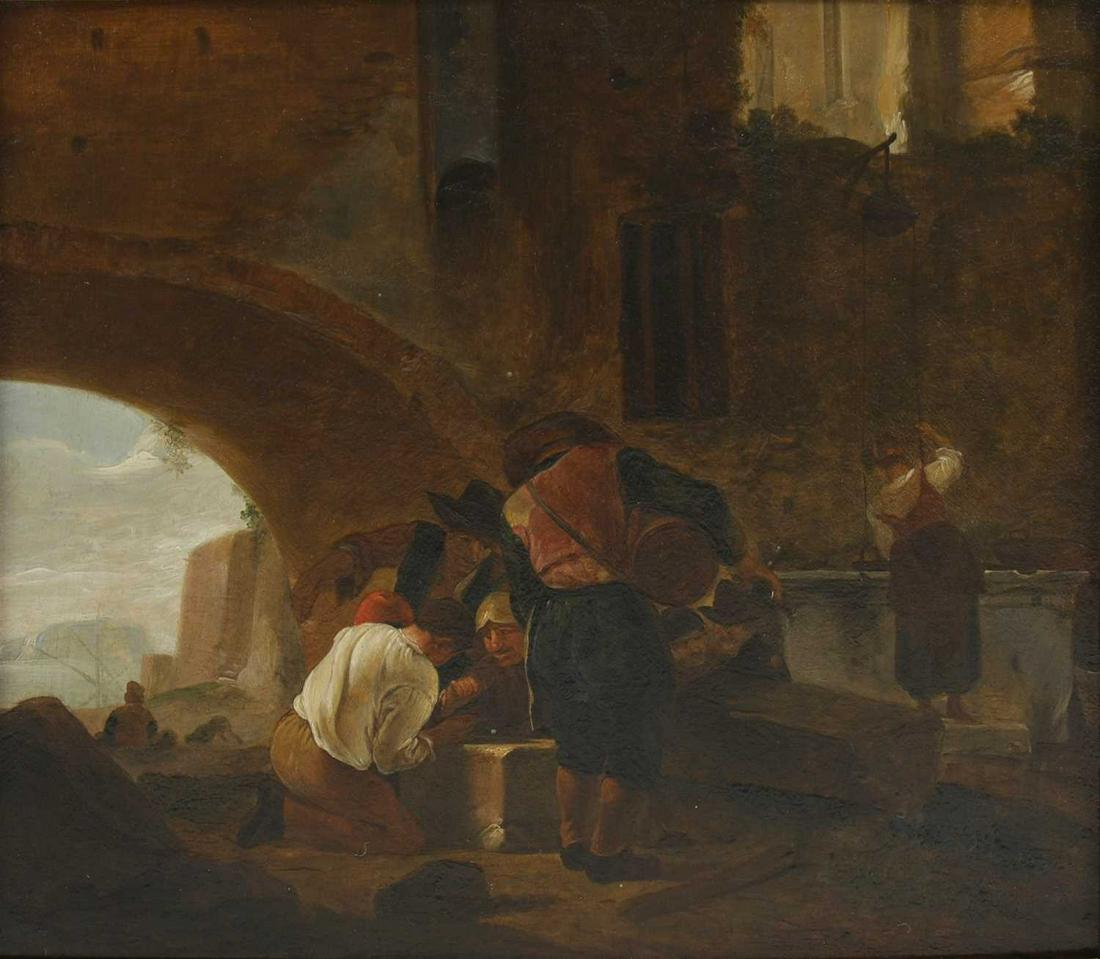 Follower of Jan Miel: Follower of Jan Miel Follower of Jan Miel A group of figures by an archway oil on panel 30 x 32cm Condition Report: Overall 43 x 39.5cm