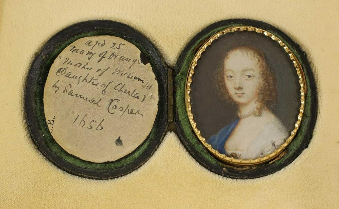 Circle of Samuel Cooper (1609-1672): Circle of Samuel Cooper (1609-1672)Portrait of a lady, traditionally identified as Mary of Orange (1831-1660), mother of William III and daughter of Charles I, in a blue and white dress with pearl nec