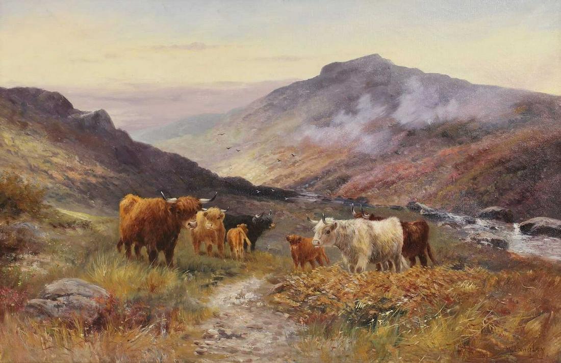 William Langley (fl.1880-1920): William Langley (fl.1880-1920) William Langley (fl.1880-1920) Highland cattle beside a stream signed 'W Langley' l.l., oil on canvas 51 x 76cm Condition Report: overall: 70.5 x 96.5cm the canvas is un