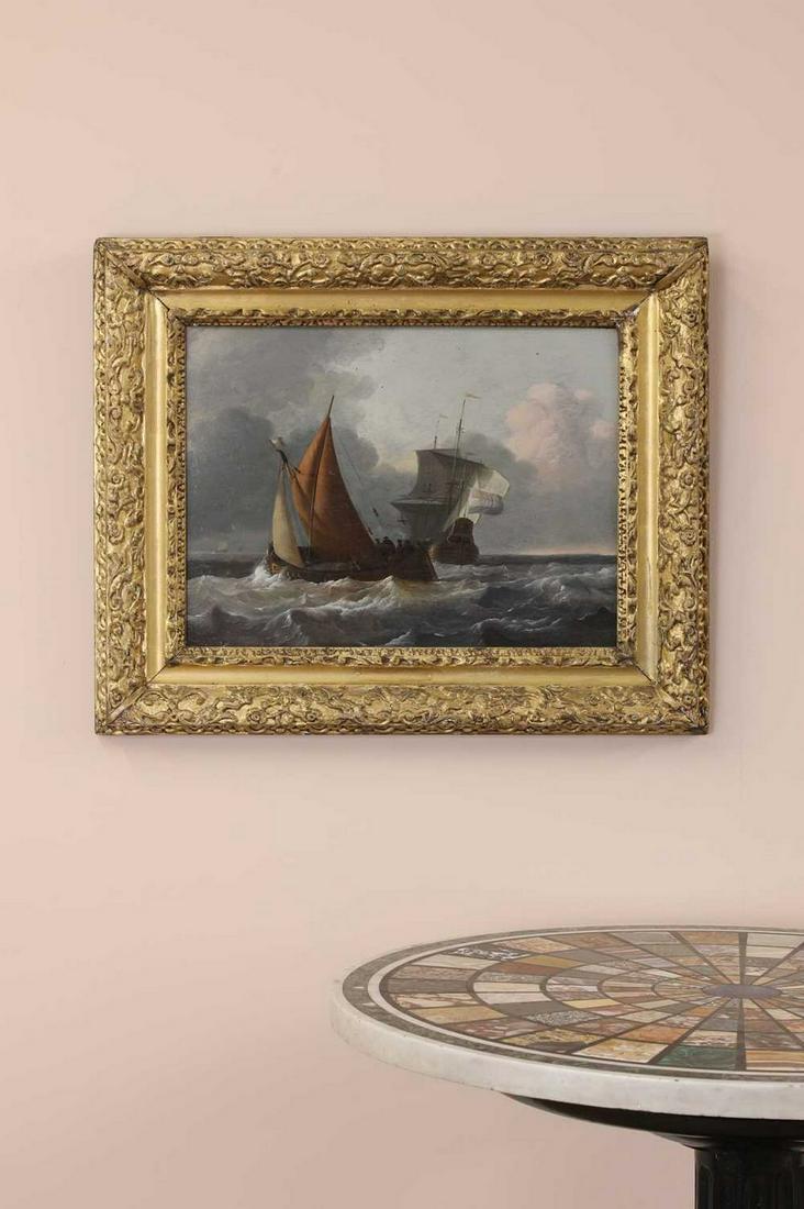 Wigerus Vitringa (Dutch, 1657-1721): Wigerus Vitringa (Dutch, 1657-1721) Wigerus Vitringa (Dutch, 1657-1721) Shipping in choppy seas oil on panel 34 x 44.5cm, in an 18th century carved giltwood frame Provenance: Admiral Sir Lionel Presto