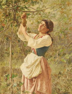 Sophie Anderson (1823-1903): Sophie Anderson (1823-1903) Sophie Anderson (1823-1903) Picking grapes signed 'S. Anderson' l.r., oil on canvas 54 x 45cm Condition Report: Overall 80 x 70cm There is some craquelure, mainly to the fi