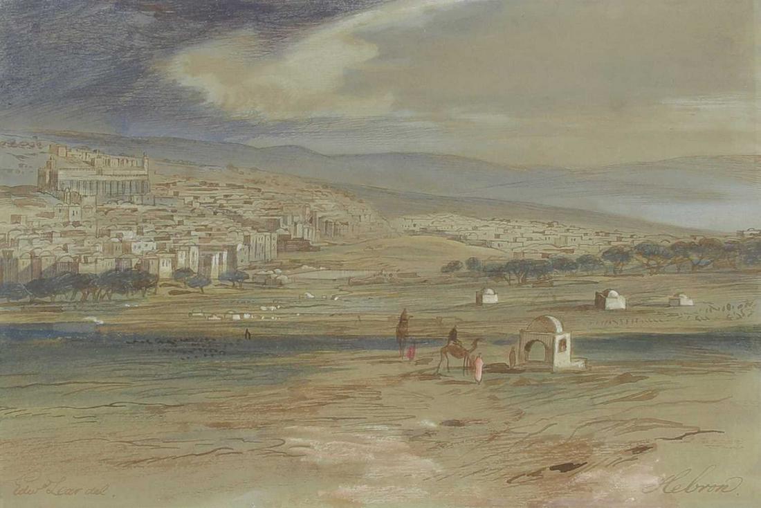 Edward Lear (1812-1888): Edward Lear (1812-1888) Edward Lear (1812-1888) 'Hebron', figures and camels, the city beyond, c.1858 signed 'Edward Lear del.' l.l., inscribed 'Hebron' l.r., pen and ink and watercolour heightened wi