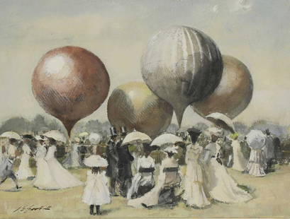 John Strickland Goodall RBA RI (1908-1996): John Strickland Goodall RBA RI (1908-1996) ▴ John Strickland Goodall RBA RI (1908-1996) 'The Balloon Race' signed 'JS Goodall' l.l., watercolour heightened with white 17.5 x 23.2cm Exhibited: Ro