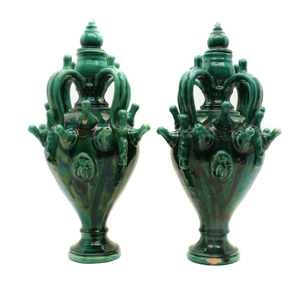 A pair of green glazed stoneware urns, (1 of 4)