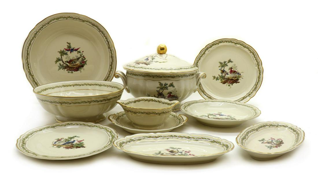 An extensive Limoges porcelain dinner service,: An extensive Limoges porcelain dinner service, An extensive Limoges porcelain dinner service, c.1920 France, 'Chevreuse', by Bernardaud & Cie, comprising twelve soup bowls, twelve side plates, thirty-