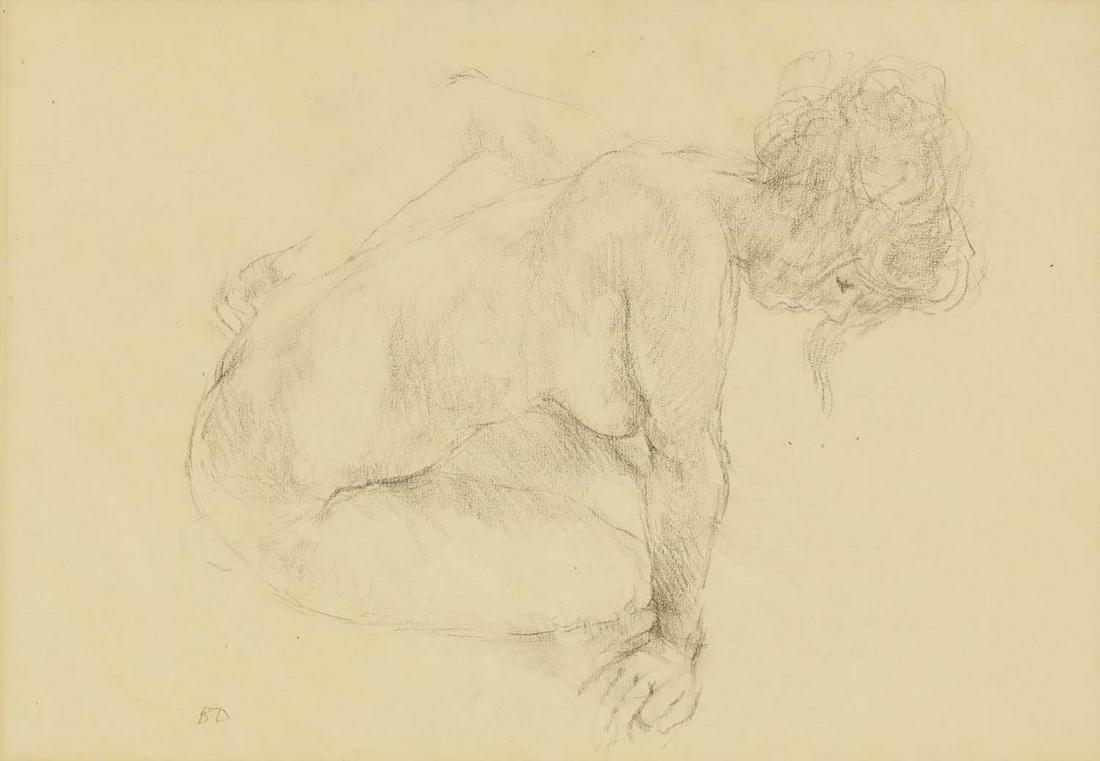 Bernard Dunstan RA (1920-2017): Bernard Dunstan RA (1920-2017) ▴ Bernard Dunstan RA (1920-2017) Crouching nude signed 'BD' l.l., pencil 28 x 38.5cm Provenance: With The Mall Galleries, London, 1976. Condition Report: Framed 44