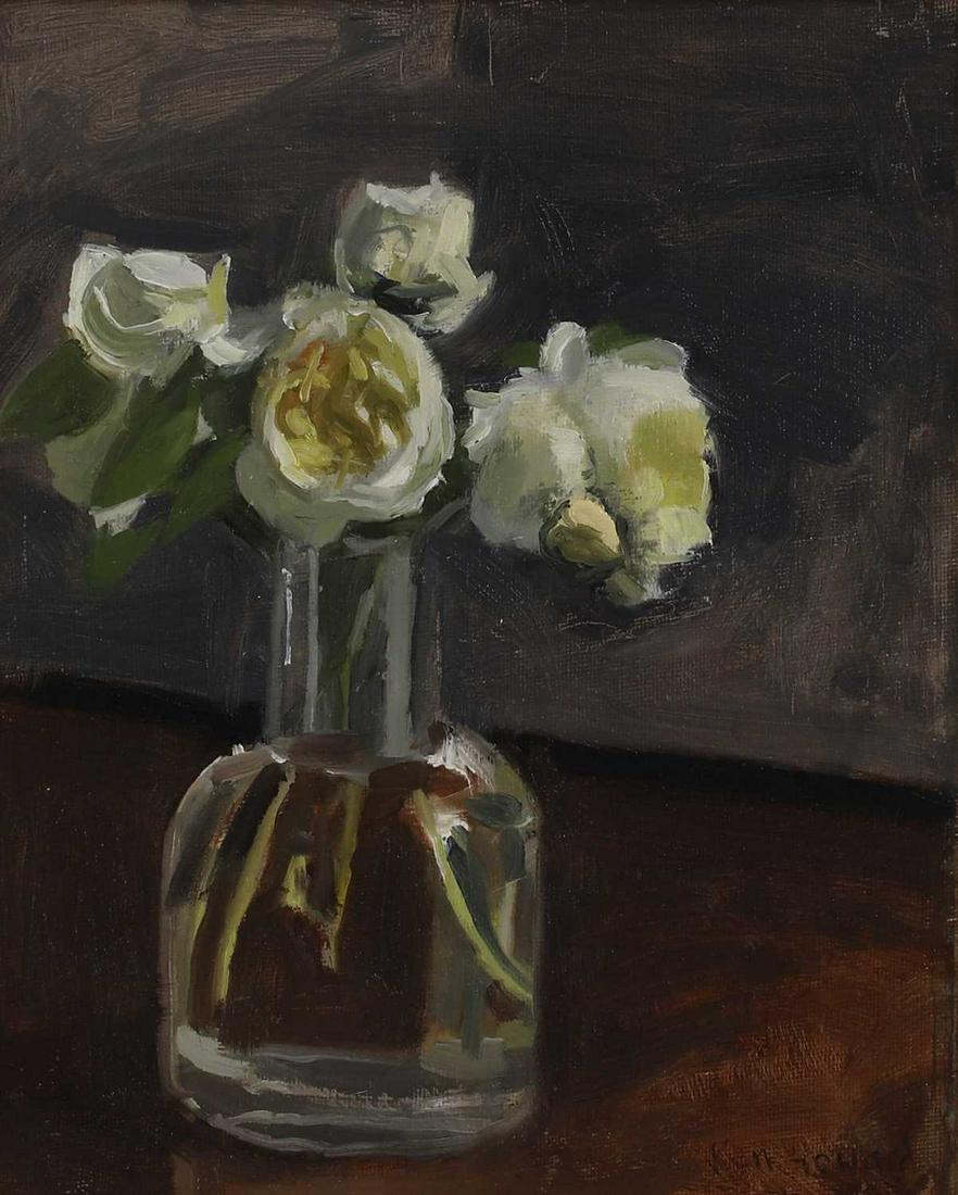 Ken Howard RA (1932-2022): Ken Howard RA (1932-2022) ▴ Ken Howard RA (1932-2022) White roses in a vase signed 'Ken Howard' l.r., oil on canvas board 30.5 x 20cm Condition Report: Framed: 37.5 x 32cm Rubbing to the right e
