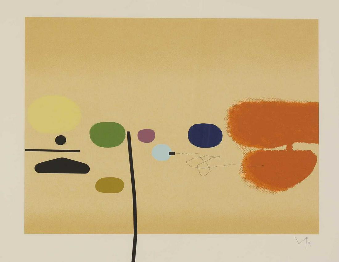 Victor Pasmore CH (1908-1998): Victor Pasmore CH (1908-1998) ▴ Victor Pasmore CH (1908-1998) 'Composite Image - Orange and Indigo' screenprint in colours, signed and dated 'VP/84' in pencil l.r. image 52 x 63cm Condition Repo