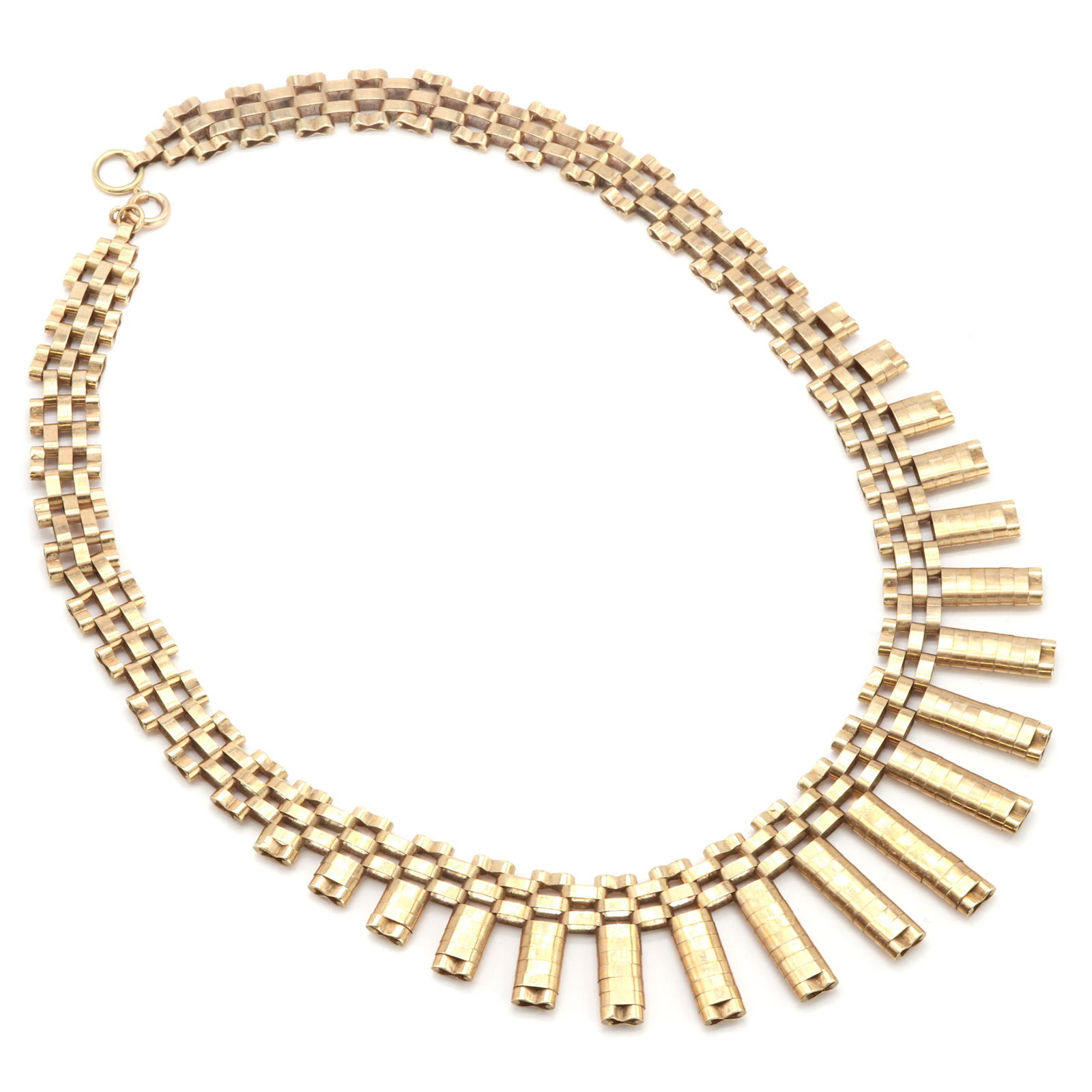 A 9ct gold 'Cleopatra' style fringe necklace,: A 9ct gold 'Cleopatra' style fringe necklace, A 9ct gold 'Cleopatra' style fringe necklace, the centrepiece composed of graduated hollow bars, to a two row gate back chain, with bolt ring clasp. Londo