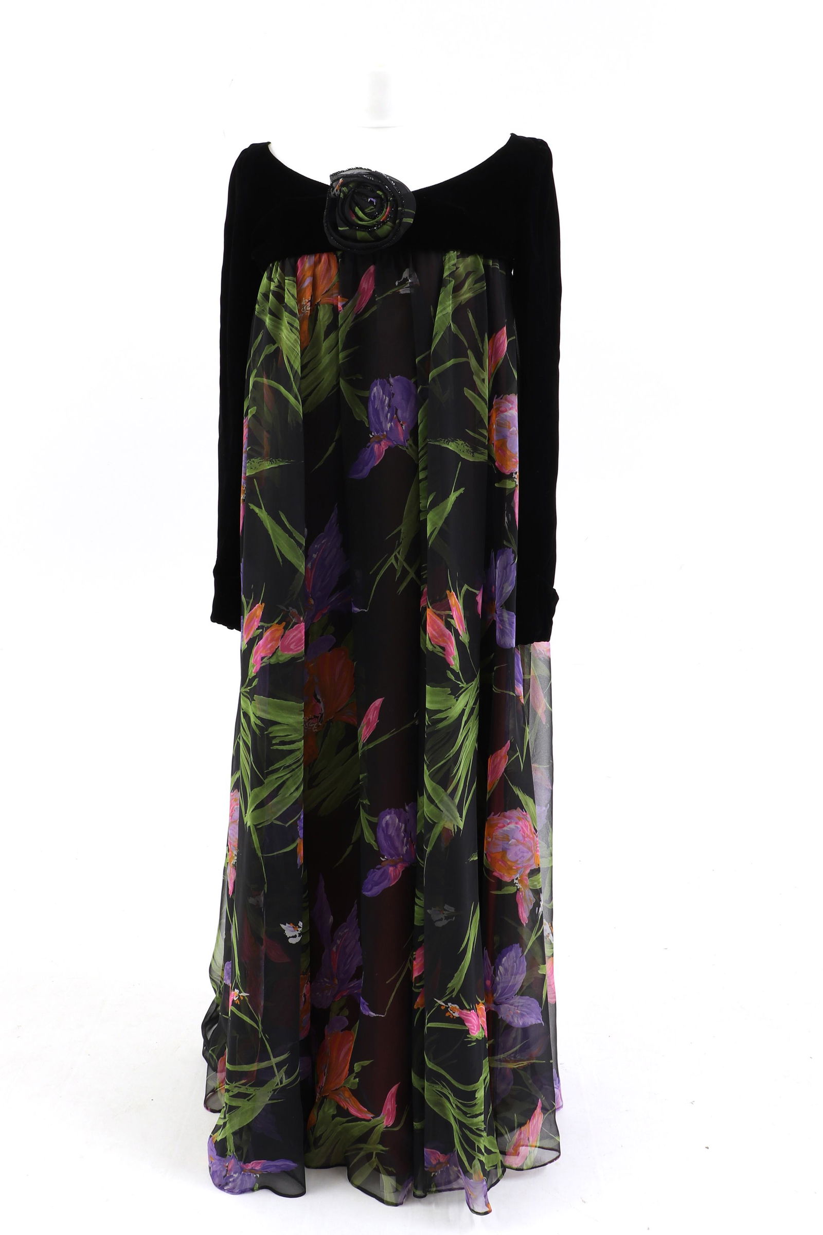 A Jean Varon full length occasion dress,: A Jean Varon full length occasion dress, A Jean Varon full length occasion dress, full length velvet sleeve with foldover cuff and button detailing, sequinned flower detail, long flower chiffon style