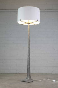 A 'Vima' cast bronze floor lamp,: A 'Vima' cast bronze floor lamp, A 'Vima' cast bronze floor lamp, designed by Alexandre Logé, of textured tapering form, with four struts for the shade and fitted with four lights, stand 192cm hi