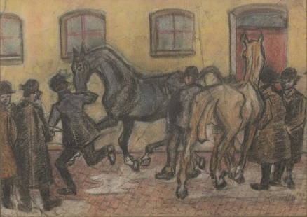 J Ferneley (20th century) after Robert Bevan: J Ferneley (20th century) after Robert Bevan'Showing at Tattersalls' signed 'J Ferneley' and dated 1911(?) l.r., pastel on paper 40 x 54cm Condition Report: overall: 60.5 x 75cm The paper crumpled and