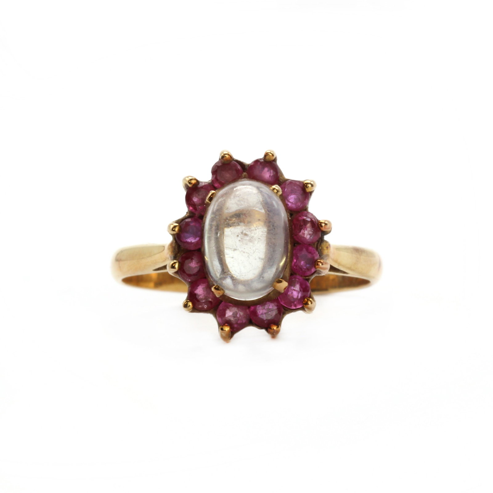 A gold moonstone and ruby cluster ring, (1 of 3)