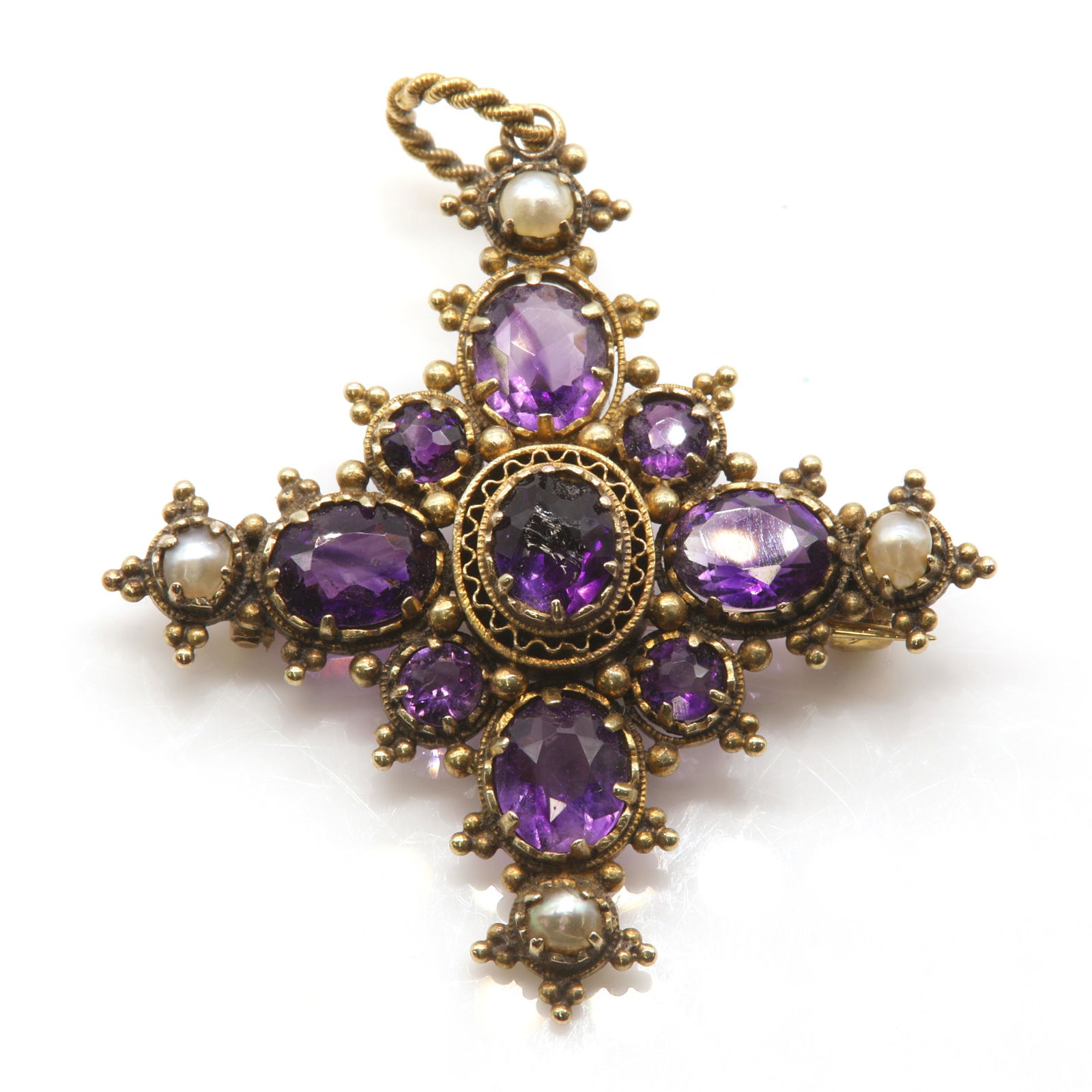 A Regency amethyst and split pearl cross form brooch/pendant, c.1820, (1 of 2)