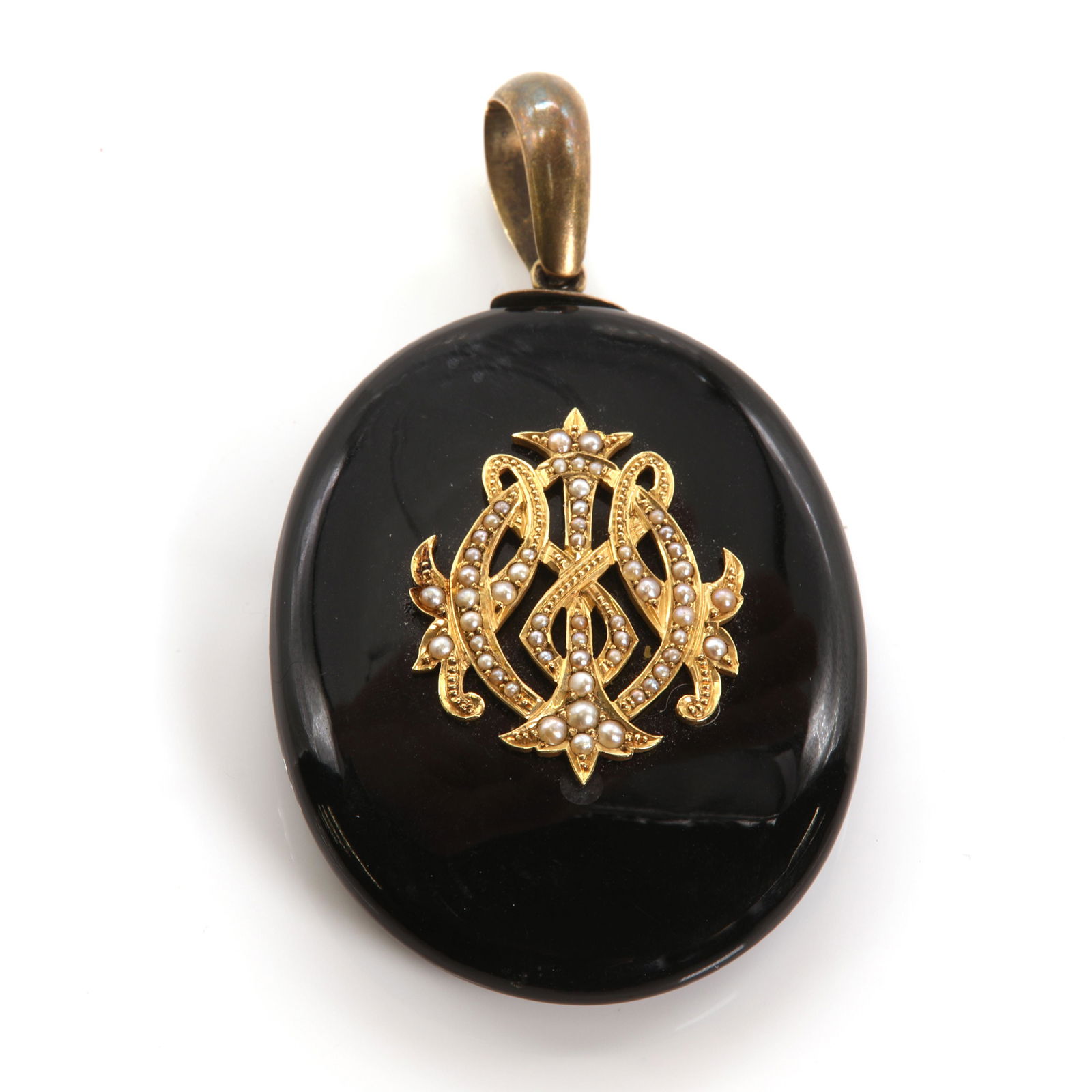 A Victorian onyx and split pearl memorial picture locket, c.1880, (1 of 2)