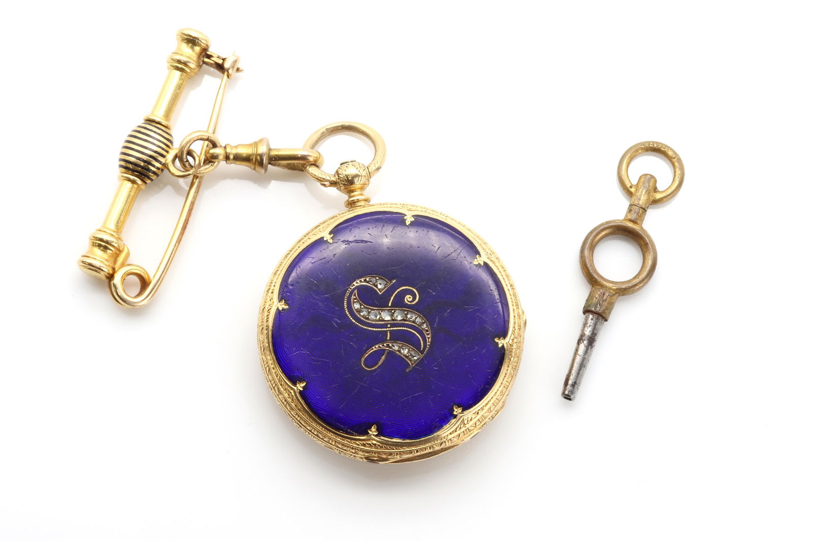 A Swiss key wound enamel and diamond open faced fob watch, (1 of 1)