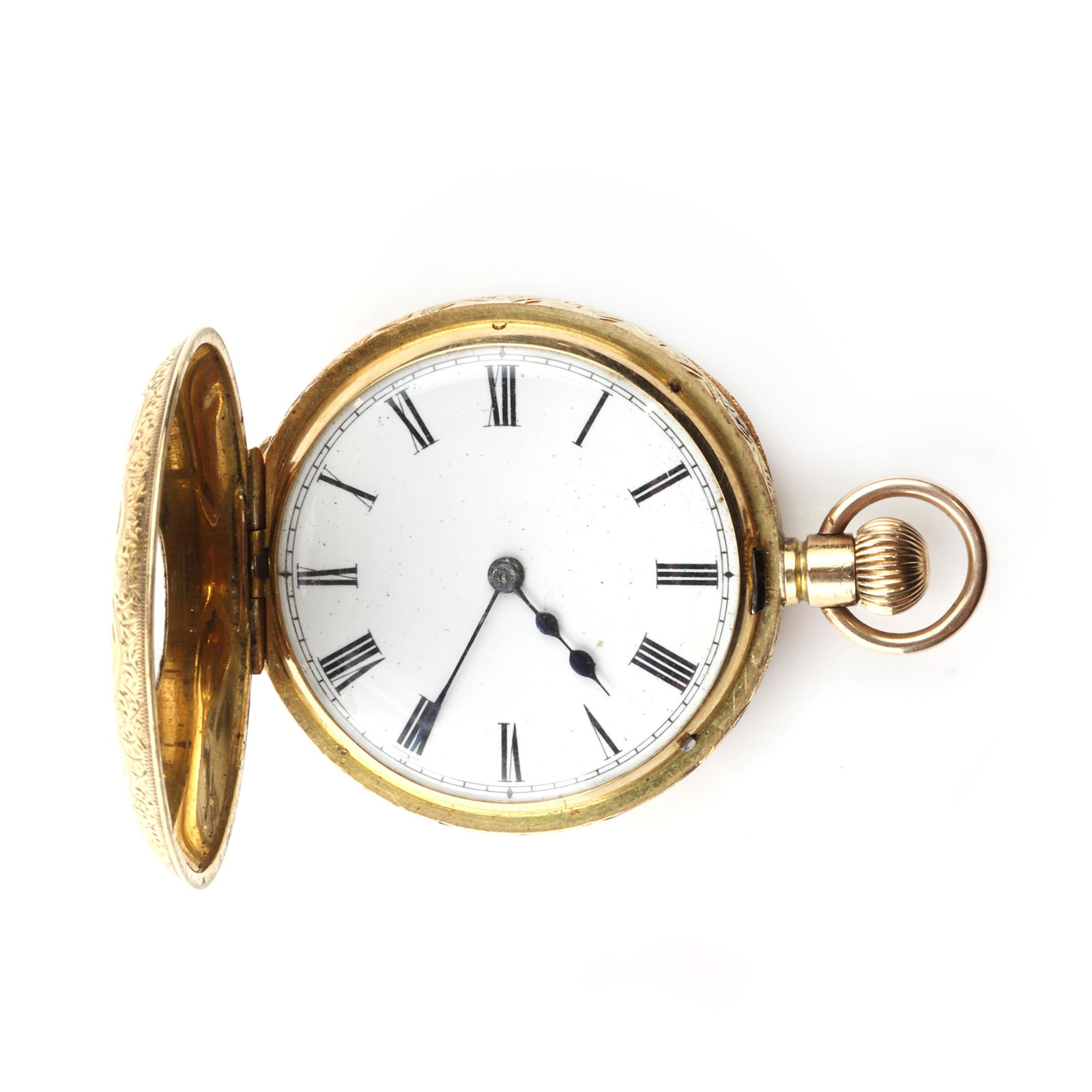 A 9ct gold side wide hunter pocket watch, by J W Benson,: A 9ct gold side wide hunter pocket watch, by J W Benson, A 9ct gold side wide hunter pocket watch, by J W Benson, with a 50mm case. Plain front and back covers, with a white enamelled dial, black Roma