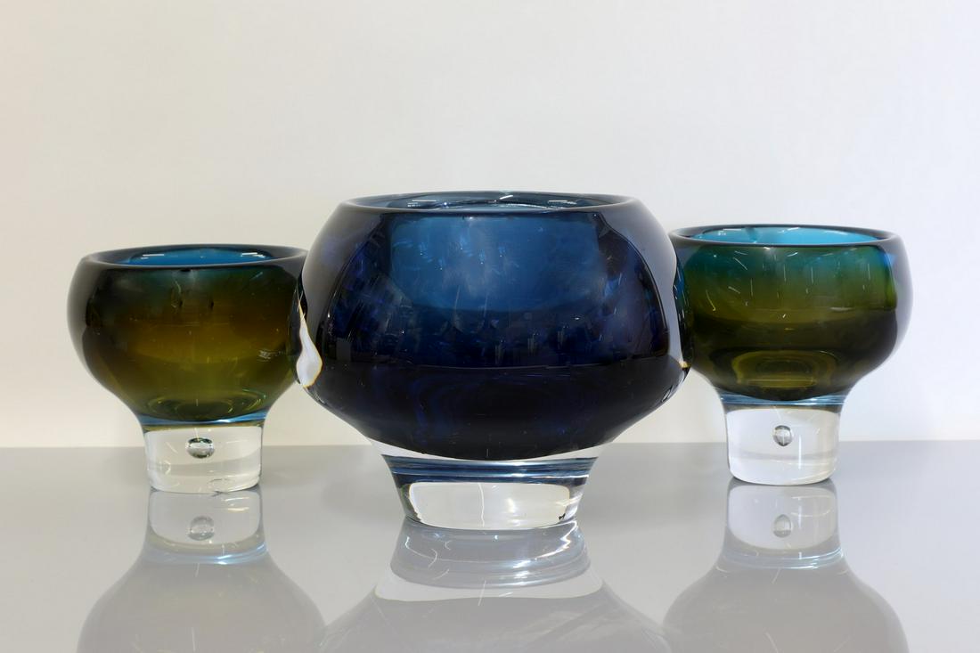 A collection of Kosta Boda sommerso glassware,: A collection of Kosta Boda sommerso glassware, A collection of Kosta Boda sommerso glassware, 1960s, comprising a footed bowl by Mona Morales-Schildt decorated in blue, and a pair of footed bowls by V