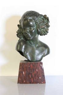 Maxime Réal del Sarte (French, 1888-1954),: Maxime Réal del Sarte (French, 1888-1954), ▴ Maxime Réal del Sarte (French, 1888-1954), an Art Deco bronze bust of a fauness, on a tapering red veined marble base, signed, 37cm high Co