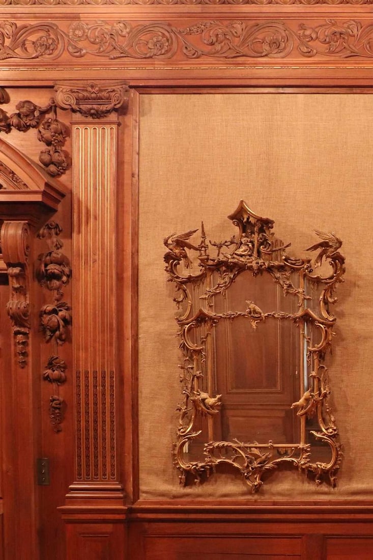 ☘ A giltwood mirror of Chippendale style,: ☘ A giltwood mirror of Chippendale style, A giltwood mirror of Chippendale style, in the manner of Thomas Johnson, with an arched divided plate in shaped mirror borders, the pagoda cresting fram