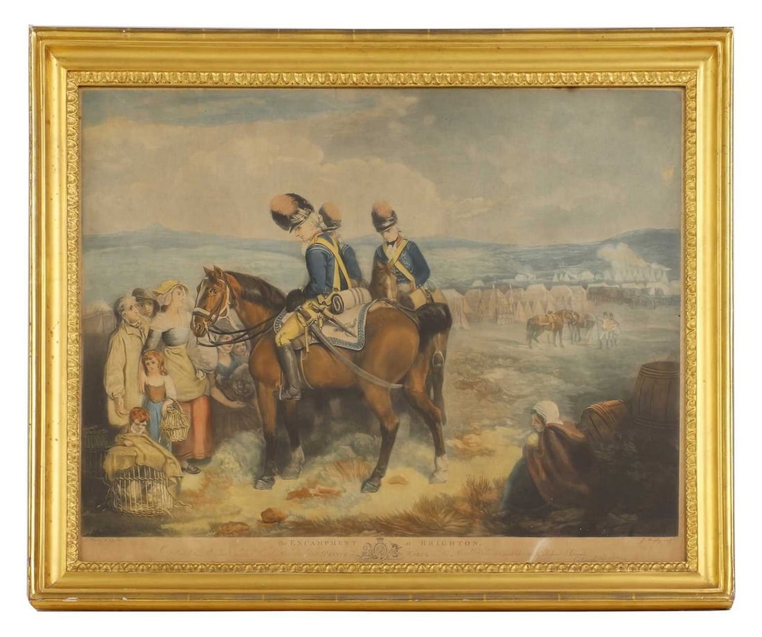 ☘ J Murphy, after Francis Wheatley: ☘ J Murphy, after Francis Wheatley J Murphy, after Francis Wheatley 'The Encampment at Brighton'; 'The Departure From Brighton' a pair, coloured mezzotints 53 x 66cm, Richard Earlom, after Franc