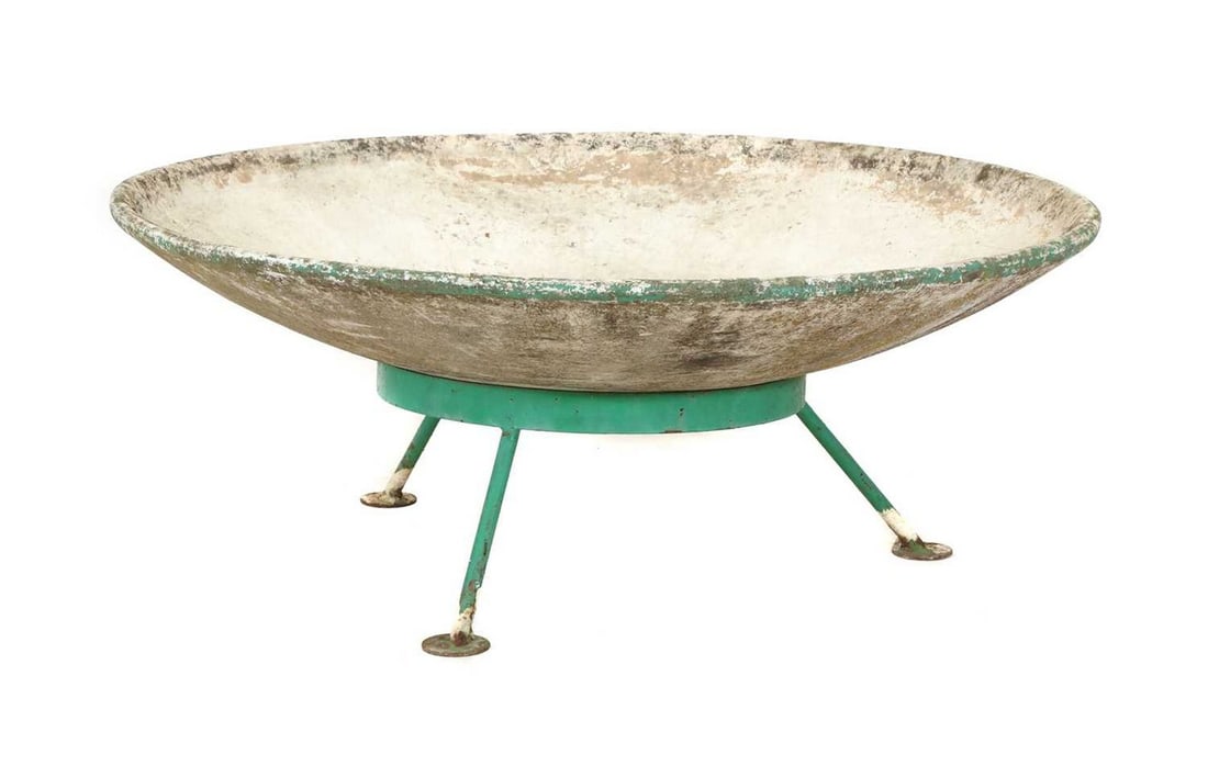 A large composite cement planter,: A large composite cement planter, A large composite cement planter, designed by Willy Guhl, on a partially-painted metal stand, numbered, 150cm diameter 58cm high Condition Report: Stand worn and rust