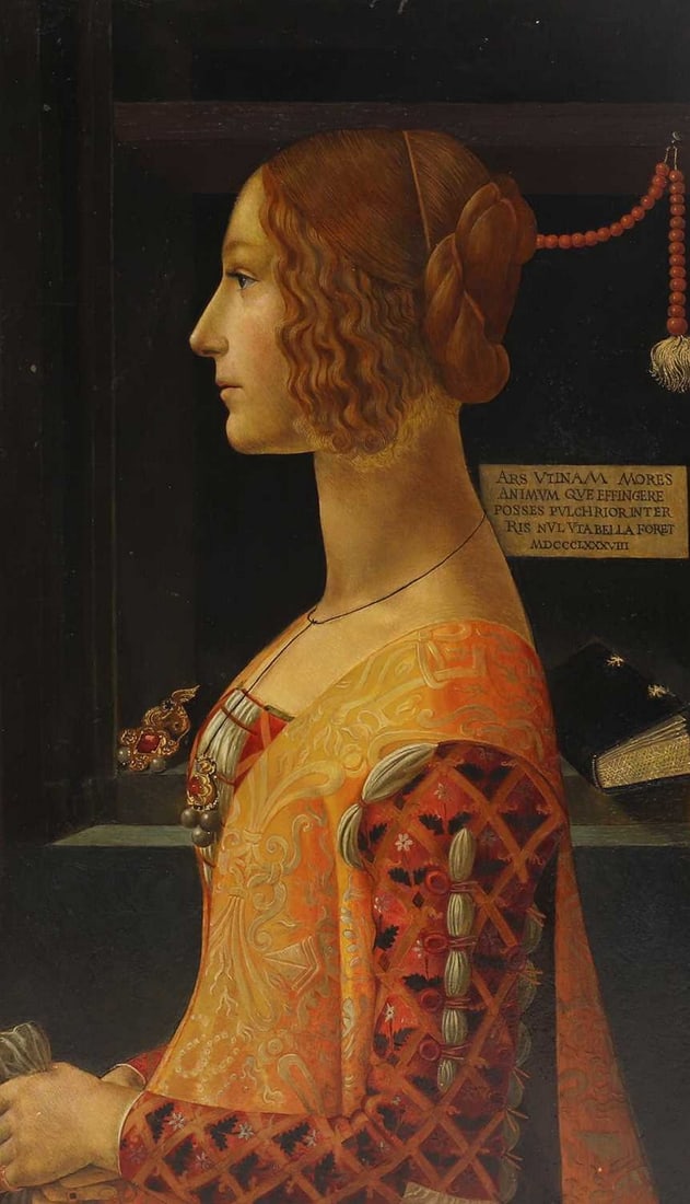 After Domenico Ghirlandaio: After Domenico Ghirlandaio After Domenico Ghirlandaio Portrait of Giovanna Tornabuoni, half-length, in profile oil on panel 76.5 x 50cm, unframed After the original, executed in 1488, in the Thyssen-B