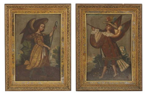 Cuzco School, 19th century: Cuzco School, 19th century Cuzco School, 19th century An arquebusier angel; The Archangel Raphael two, oil on canvas laid on board 82 x 56cm and 83 x 55.5cm (2) Condition Report: Archangel Saint Rapha