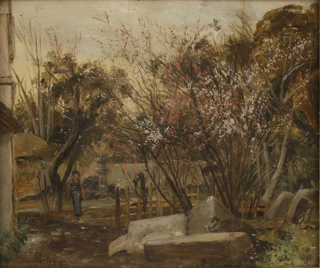 John Varley Jnr (1850-1933): John Varley Jnr (1850-1933) John Varley Jnr (1850-1933) A Japanese garden with a figure and cherry blossom signed and dated 'John Varley 95' l.l., oil on panel 28 x 33cm