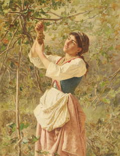 Sophie Anderson (1823-1903): Sophie Anderson (1823-1903) Sophie Anderson (1823-1903) Picking grapes signed 'S. Anderson' l.r., oil on canvas 54 x 45cm Condition Report: Overall 80 x 70cm There is some craquelure, mainly to the fi