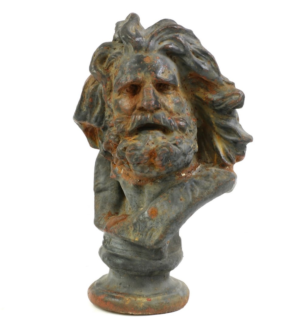 After Francois Rude: After Francois Rude After Francois Rude, 'Head of a Gaul', cast iron, with an integral socle, 61cm high Condition Report: Some surface rust. Minor knocks and wear. Solid with no holes.