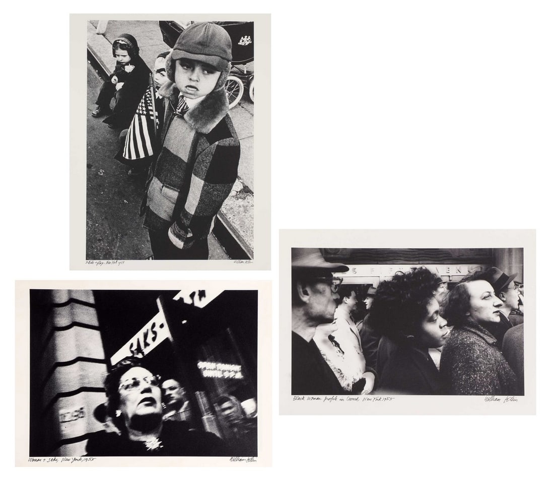 William Klein (American, b.1928): William Klein (American, b.1928) William Klein (American, b.1928) 'Black Woman Profile in Crowd' 'Woman and Saks' '3 Kids and Flag' three Iris prints, 2001, all signed and titled in black pen, from an