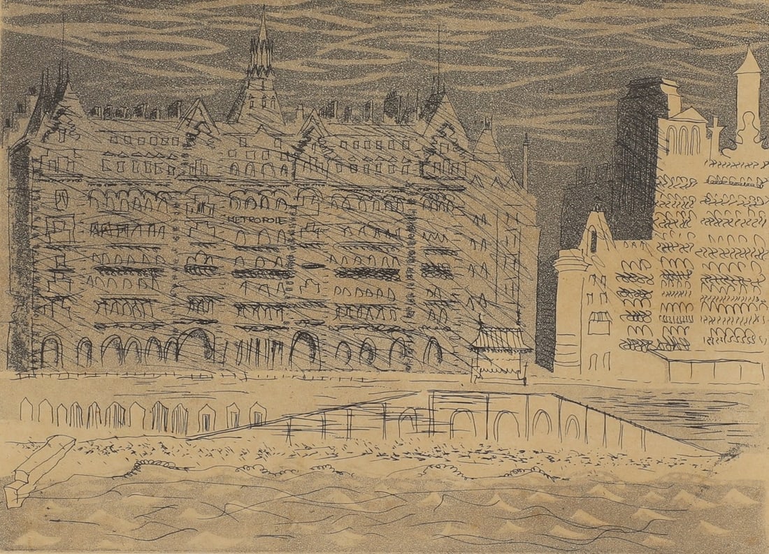 John Piper CH (1903-1992): John Piper CH (1903-1992) ? John Piper CH (1903-1992) 'The Metropole Hotel from the West Pier' (Levinson 23) aquatint, 1939, plate XII from the 'Brighton Aquatints' series, an edition of 200 printed b
