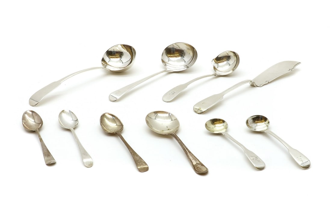 A collection of silver flatware,: A collection of silver flatware, A collection of silver flatware, to include two George III ladles, one in fiddle pattern, the other in Old English pattern, by Sarah & John William Blake, and Thomas R