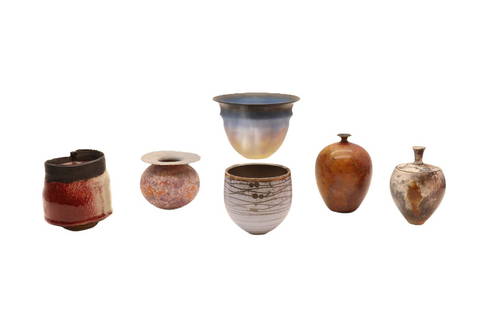 A group of studio pottery items: A group of studio pottery items A group of studio pottery items, comprising a Peter Lane bowl, with a graduated glaze, 18.5cm diameter, 12.9cm high, a Hilary LaForce vase, with a textured glaze, 10.5c