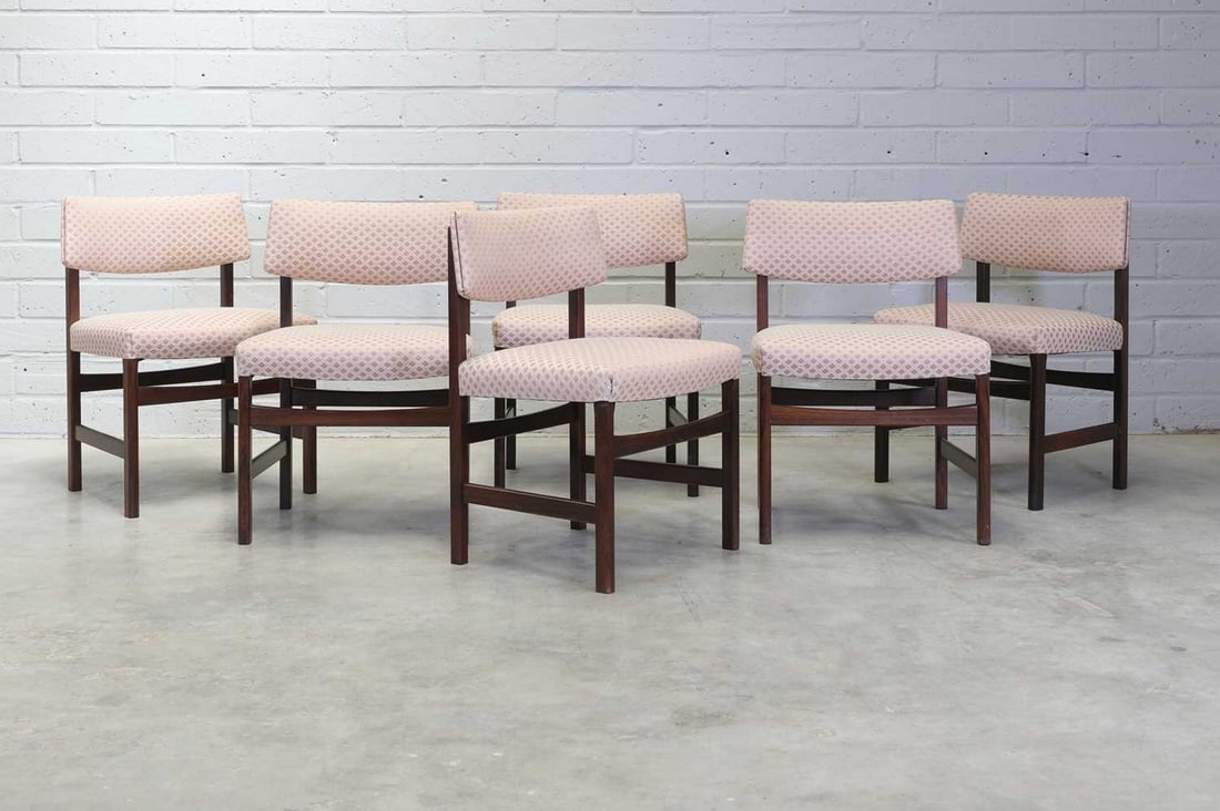A set of six rosewood dining chairs,: A set of six rosewood dining chairs, § A set of six rosewood dining chairs, 1970s, designed by Robert Heritage for Archie Shine, each upholstered in a diamond patterned fabric, 52cm wide 46cm dee